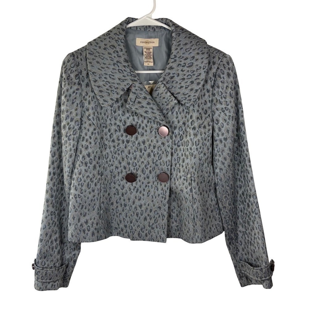 Covington Blue Leopard Print Double Breasted Jacket Cropped Blazer‎ Womens Small